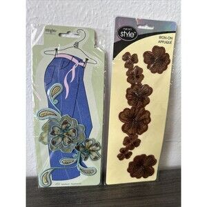 Lot Of 2-Y2K 00s Iron On Appliqués Big Floral Sequined Beaded Embroidered Sealed